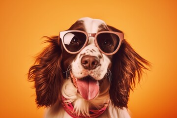 Close-up portrait photography of a smiling english springer spaniel wearing a trendy sunglasses against a beige background. With generative AI technology