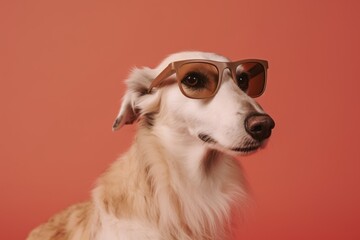 Medium shot portrait photography of a funny borzoi wearing a trendy sunglasses against a beige background. With generative AI technology