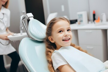 Little girl with smiling  at dental clinic  for healthy teeth.