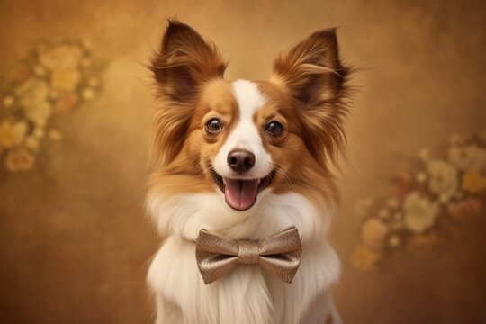 Lifestyle portrait photography of a happy papillon dog wearing a dapper suit against a warm taupe background. With generative AI technology