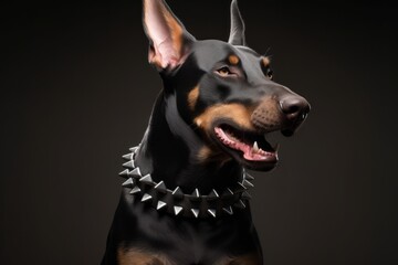 Medium shot portrait photography of a funny doberman pinscher wearing a spiked collar against a cool gray background. With generative AI technology - obrazy, fototapety, plakaty