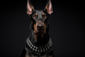 Medium shot portrait photography of a funny doberman pinscher wearing a spiked collar against a cool gray background. With generative AI technology - obrazy, fototapety, plakaty