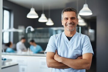 Confident smiling dentist standing in clinic