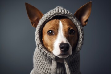 Close-up portrait photography of a cute basenji dog wearing a snood against a cool gray background. With generative AI technology