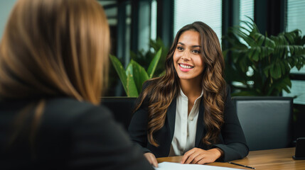Latina woman consulting with financial manager in the office, bank and finance concept for investment or job interview for management