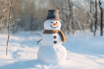 Snowman in snowy mountain. Winter season background.