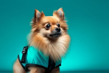 Photography in the style of pensive portraiture of a cute pomeranian wearing a reflective vest against a tropical teal background. With generative AI technology - obrazy, fototapety, plakaty