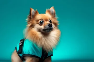 Foto op Canvas Photography in the style of pensive portraiture of a cute pomeranian wearing a reflective vest against a tropical teal background. With generative AI technology © Markus Schröder