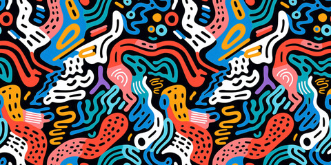 Fototapeta na wymiar Abstract doodle of lines, spots and smudges in a seamless repeating pattern.