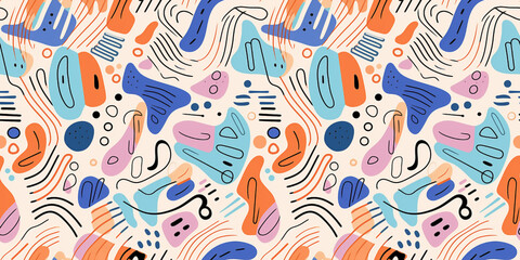 Naklejka premium Abstract doodle of lines, spots and smudges in a seamless repeating pattern.