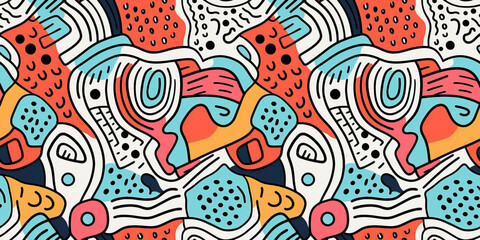 Abstract doodle of lines, spots and smudges in a seamless repeating pattern.