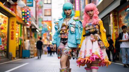 Girls dressed as anime character or Harajuku, pose at a cosplay gathering in Japan. Shallow field of view. - obrazy, fototapety, plakaty