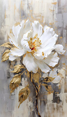 Oil Pencil Texture White Flower Illustration Background,Golden Peony on a Gray Background