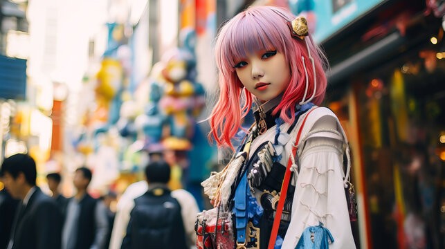 Girl dressed as anime character or Harajuku, pose at a cosplay gathering in Japan. Shallow field of view.