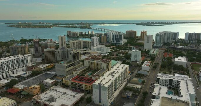 Sarasota city downtown with expensive waterfront high-rise buildings and Ringling Bridge in Florida. Urban travel destination in the USA