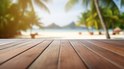 Wooden table deck on blur beach background