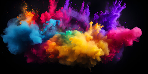 An Explosion Of Colorful Powder Background, 3d Illustration Of Color Powder Explosion On Black Background