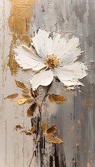 Oil Pencil Texture White Flower Illustration Background,Golden Peony on a Gray Background