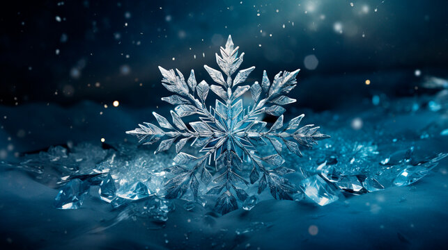 Elegant snowflake on blue background radiating winter