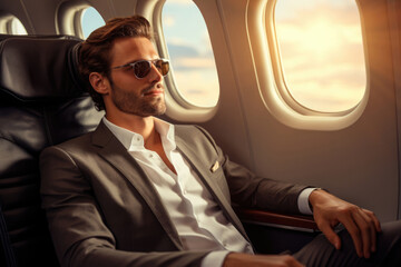 Handsome man businessman in an airplane flies on a business trip