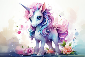 Magic fairytale unicorn in flowers. Watercolor drawing style illustration