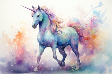 Naklejka na ściany i meble Magic fabulous running unicorn. Watercolor drawing style illustration