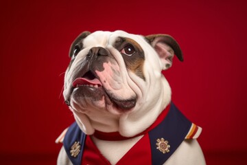 Close-up portrait photography of a smiling bulldog wearing a sailor suit against a ruby red background. With generative AI technology