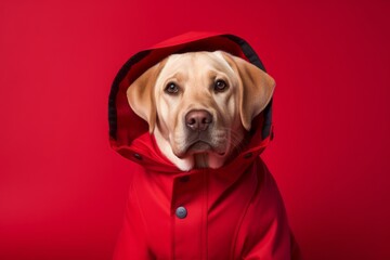 Lifestyle portrait photography of a cute labrador retriever wearing a therapeutic coat against a ruby red background. With generative AI technology