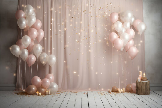 Party festive birthday photozone with pink balloons. copy space for text