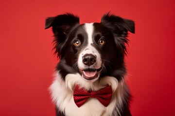 Studio portrait photography of a funny border collie wearing a cute bow tie against a ruby red background. With generative AI technology