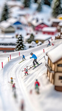 Miniatures of people skiing, panoramic photography,Miniature Skier on a Snowy Mountain
