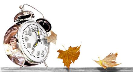 autumn leaves falling, time clock alarm seven o'clock  isolated for background space for your text...