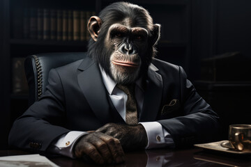 Monkey chief in an armchair at the workplace in the office in an expensive suit