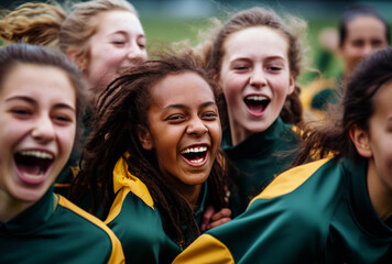 A group of young teenage girls revels in victory on the soccer or football field, their faces lit up with joy and laughter, and togetherness shines through as they celebrate a winning match.