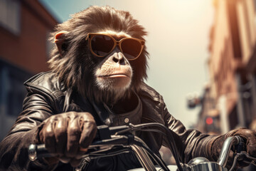 monkey biker in glasses and a leather jacket rides a motorcycle
