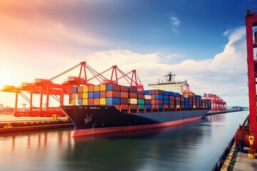 Naklejka premium Container Cargo freight ship with working crane bridge at sunset for Logistic Import Export background