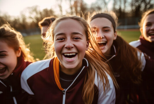 A group of young teenage girls revels in victory on the soccer or football field, their faces lit up with joy and laughter, and togetherness shines through as they celebrate a winning match.