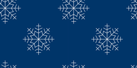 Fototapeta na wymiar Christmas Seamless pattern with snowflakes. Winter Flat vector illustration for Holiday decoration, Wrapping paper template, Seasonal banner. Design art Endless background with snowfall on blue. 