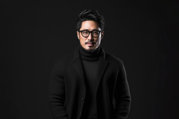 Portrait of a smiling Asian businessman wearing glasses and black suit with looking at the camera in confidently while standing alone in a dark wall background.