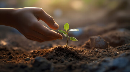 **a touching photo of a person planting a tiny sapling in a barren landscape, symbolizing the power of hope and growth, captured with exceptional detail and depth of field to highlight the tender mome