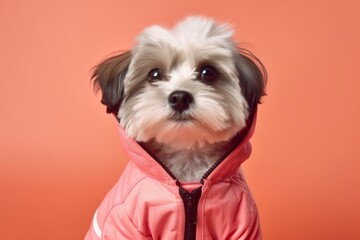Close-up portrait photography of a funny havanese dog wearing a therapeutic coat against a coral pink background. With generative AI technology