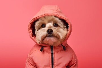 Close-up portrait photography of a funny havanese dog wearing a therapeutic coat against a coral pink background. With generative AI technology