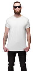 Hipster handsome male model with beard wearing white blank t-shirt with space for your logo or design