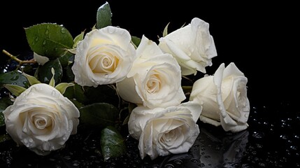 beautiful white roses on a black background with water drops close up. Mother's day concept with a space for a text. Valentine day concept with a copy space.