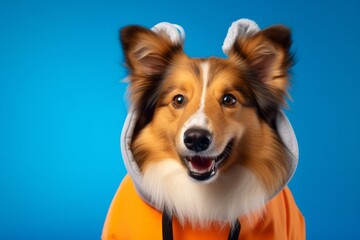Lifestyle portrait photography of a smiling shetland sheepdog wearing a halloween costume against a cerulean blue background. With generative AI technology