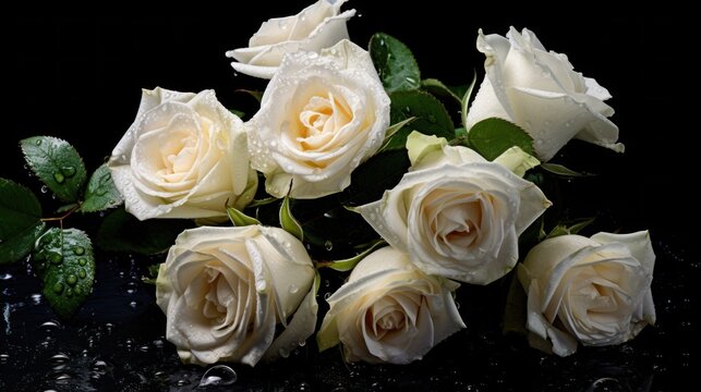 Beautiful white roses with water drops on black background, closeup. Mother's day concept with a space for a text. Valentine day concept with a copy space.