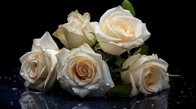 beautiful white roses on a black background with water drops close up. Mother's day concept with a space for a text. Valentine day concept with a copy space.