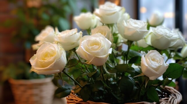 White roses in a basket with water droplets on the petals. Mother's day concept with a space for a text. Valentine day concept with a copy space.