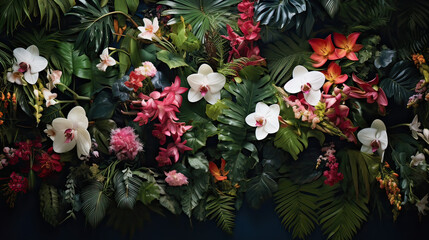 Fototapeta na wymiar Botanical Harmony, lush botanical elements like flowers, leaves, or plants arranged harmoniously to create an organic wallpaper design. AI generative
