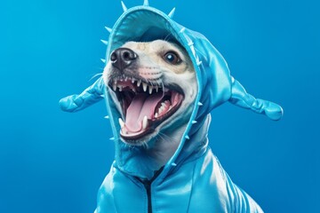 Group portrait photography of a smiling maltese wearing a dinosaur costume against a cerulean blue...